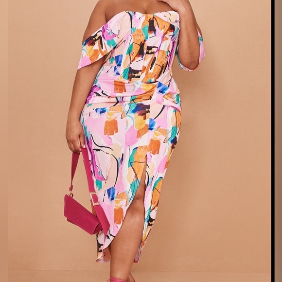 PrettyLittleThing Plus Multi Bardot Ruched Midi Dress 24W NWT pastels coquette - Picture 1 of 6